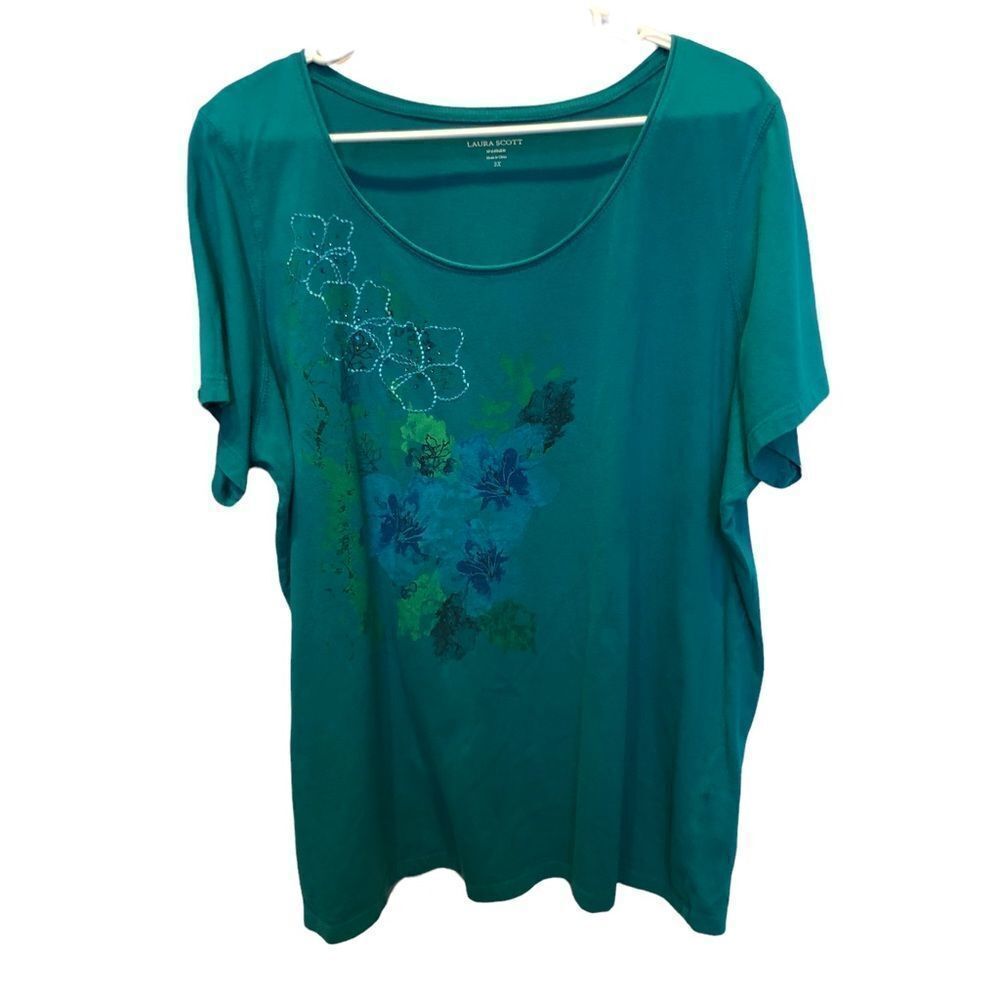 Laura Scott Fancy t shirt turquoise floral short sleeve embellished 2X